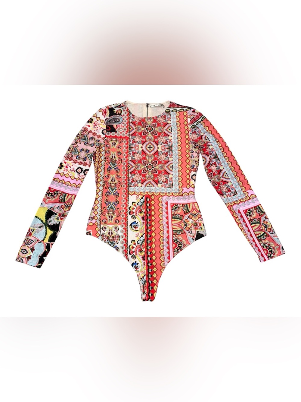 Alice + Olivia Crewneck Bodysuit Paisley Geometric Black Red Stretch Mesh Medium